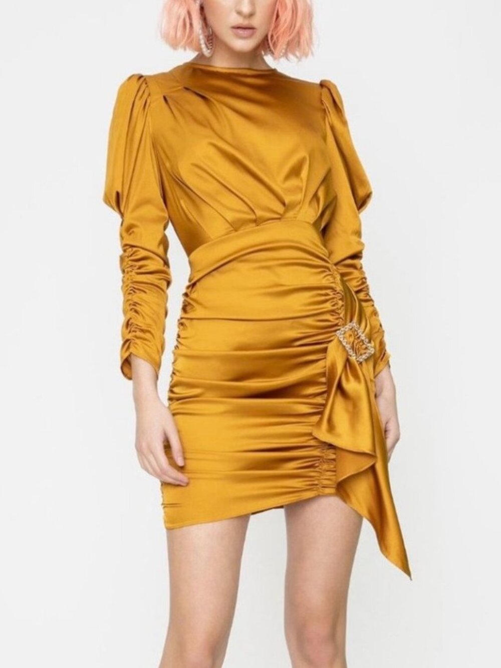 For Love & Lemons Isabeli Gold Satin Ruched Mini Dress XS